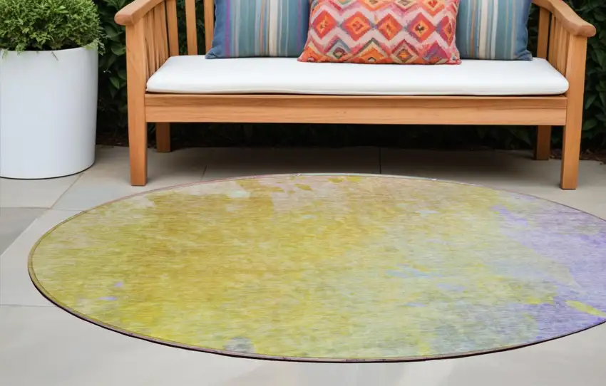 Blue Gold and Wheat Round Abstract Washable Non Skid Indoor Outdoor Area Rug Photo 1