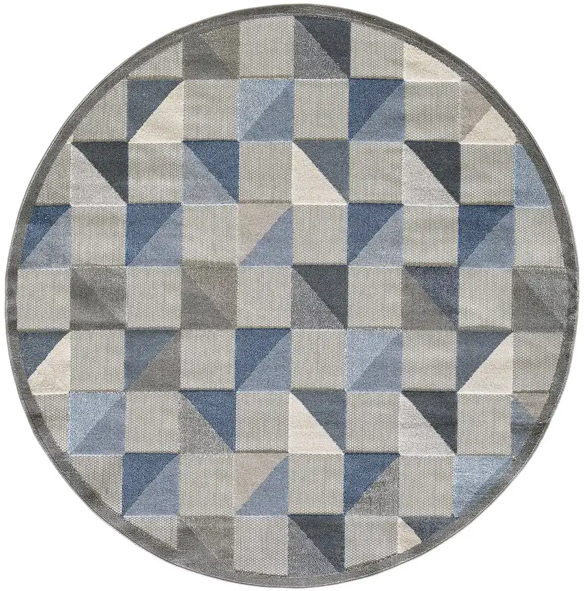 8' Round Blue Gray Triangle Indoor Outdoor Area Rug Photo 3