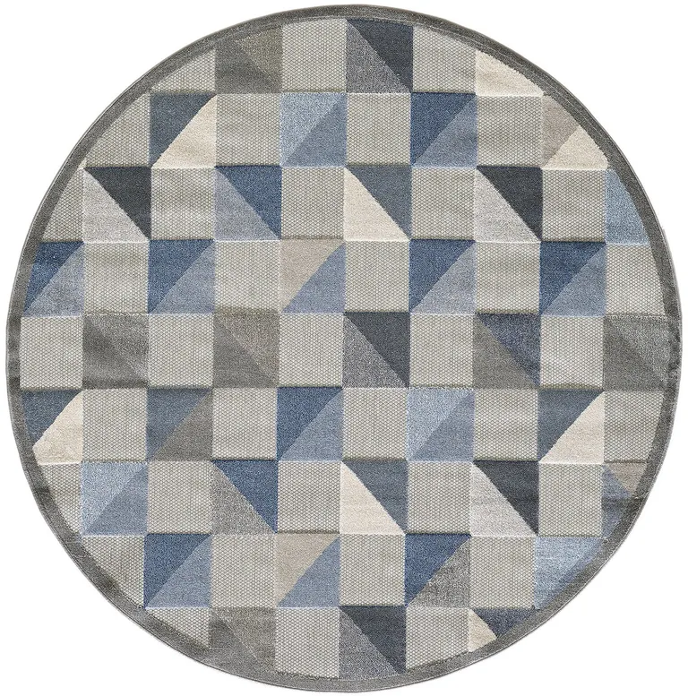 8' Round Blue Gray Triangle Indoor Outdoor Area Rug Photo 3