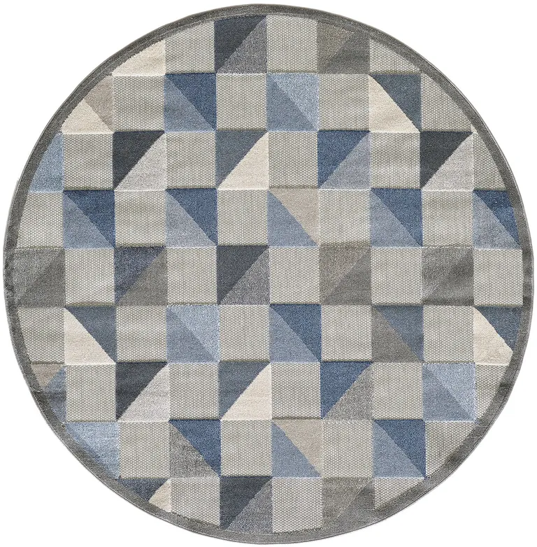 8' Round Blue Gray Triangle Indoor Outdoor Area Rug Photo 1