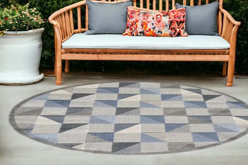 Blue And Gray Round Geometric Stain Resistant Indoor Outdoor Area Rug Photo 1