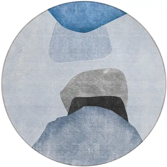 Blue Gray and Black Round Abstract Washable Non Skid Indoor Outdoor Area Rug Photo 2