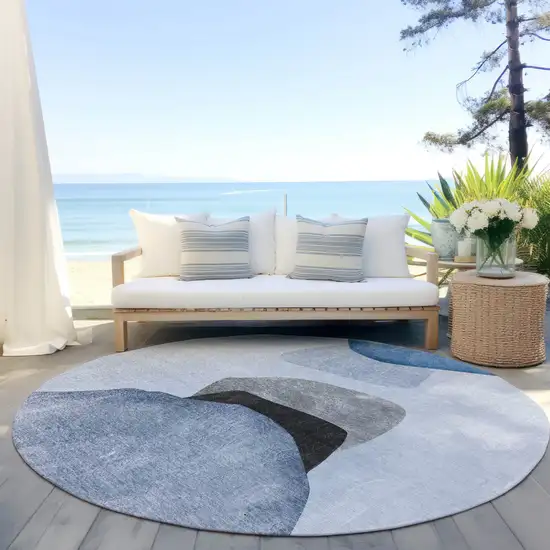 Blue Gray and Black Round Abstract Washable Non Skid Indoor Outdoor Area Rug Photo 8