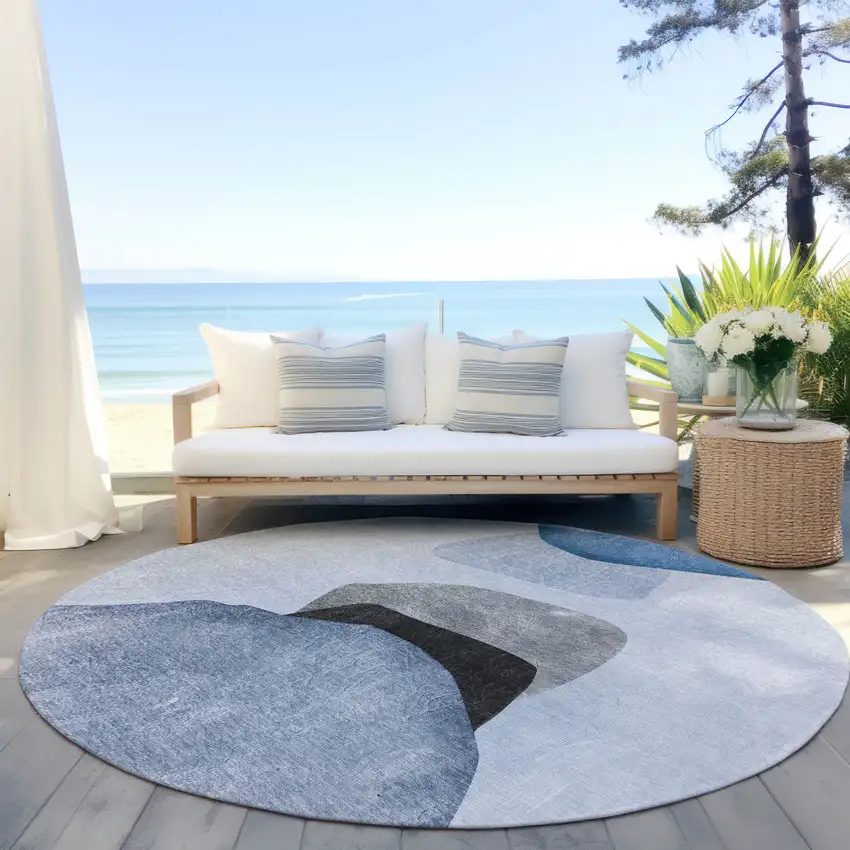 Blue Gray and Black Round Abstract Washable Non Skid Indoor Outdoor Area Rug Photo 8