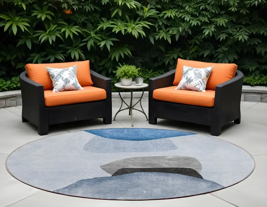 8' Round Blue Gray and Black Round Abstract Washable Non Skid Indoor Outdoor Area Rug Photo 1