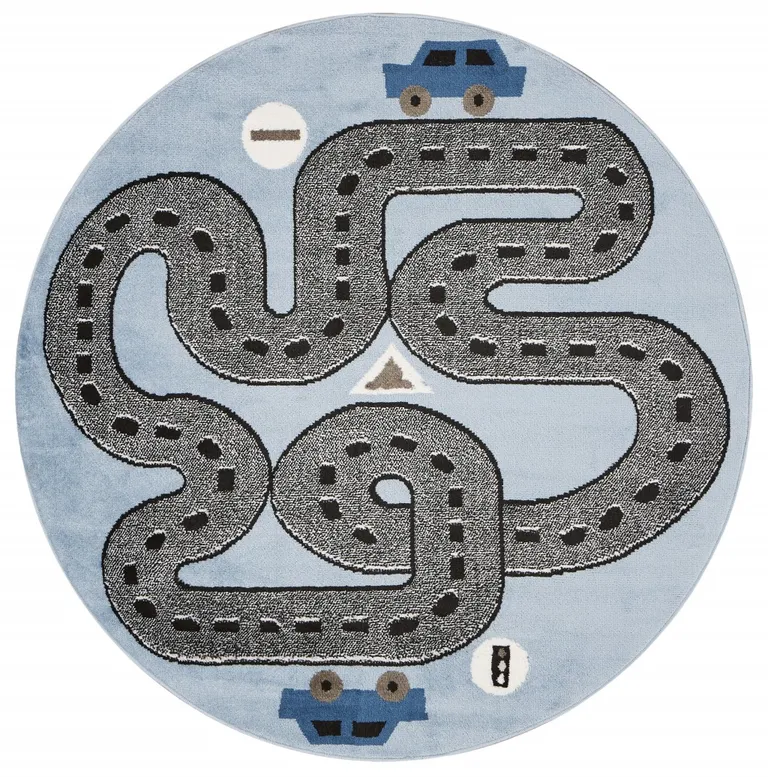 5' Round Blue Imaginative Racetrack Area Rug Photo 1