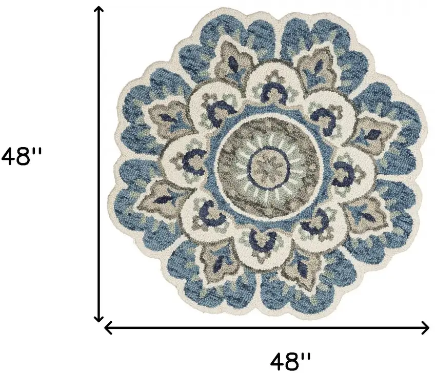 4' Blue and Cream Round Wool Floral Medallion Hand Tufted Area Rug Photo 3