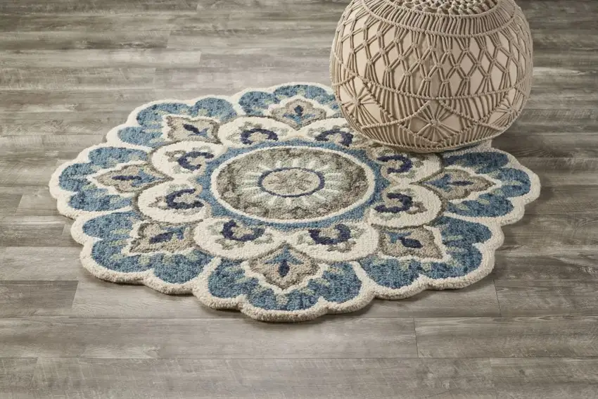 4' Round Blue Modern Floral Area Rug Photo 8