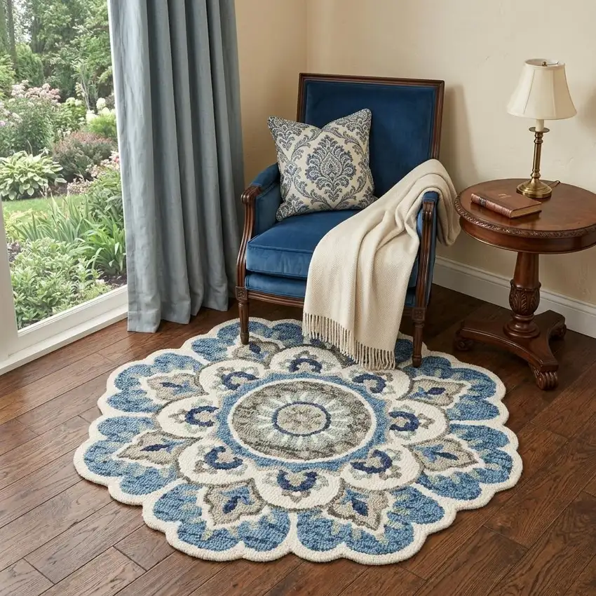 4' Blue and Cream Round Wool Floral Medallion Hand Tufted Area Rug Photo 1