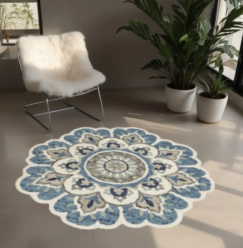 4' Blue and Cream Round Wool Floral Medallion Hand Tufted Area Rug Photo 1