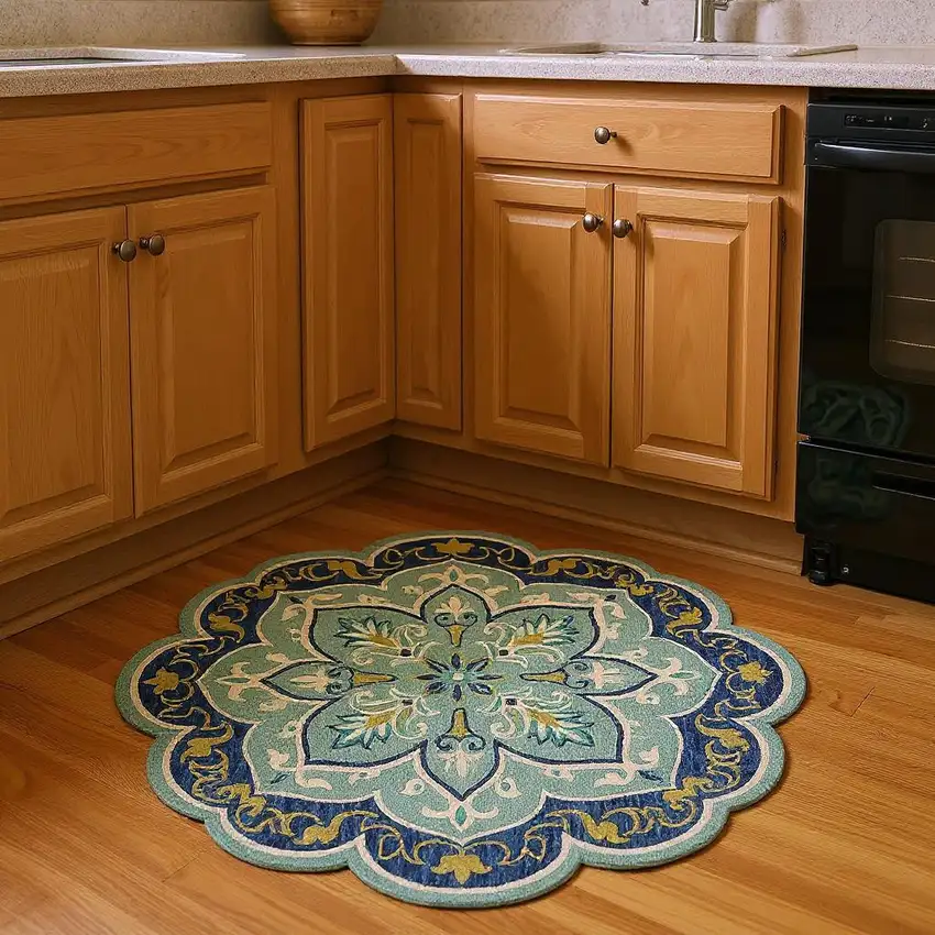 4' Blue And Green Wool Geometric Hand Tufted Round Rug Photo 1