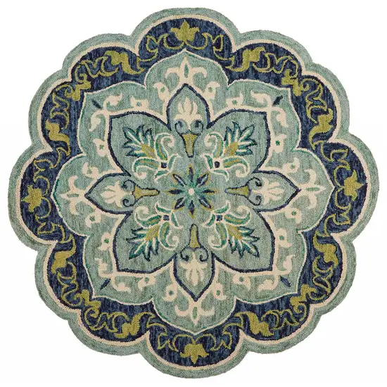 4' Round Blue Ornate Medallion Area Rug Photo 1