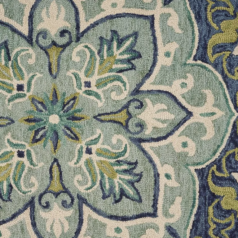 4' Round Blue Ornate Medallion Area Rug Photo 2