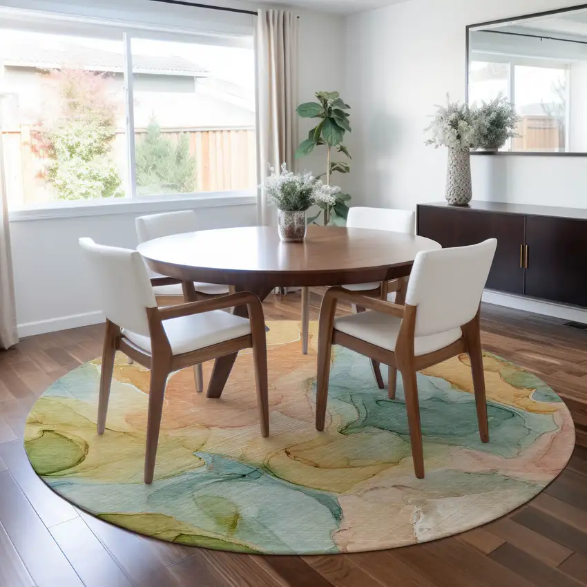 Blue Round Abstract Washable Non Skid Indoor Outdoor Area Rug Photo 9