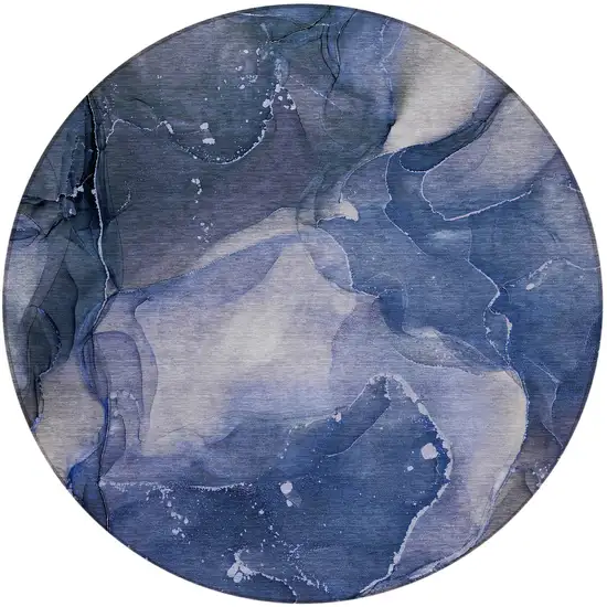 8' Round Blue Round Abstract Washable Non Skid Indoor Outdoor Area Rug Photo 5