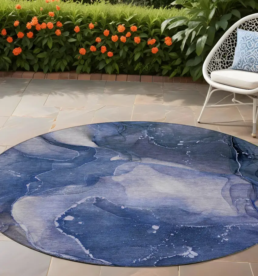 8' Round Blue Round Abstract Washable Non Skid Indoor Outdoor Area Rug Photo 1