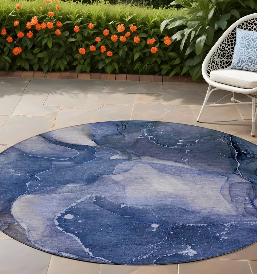 8' Round Blue Round Abstract Washable Non Skid Indoor Outdoor Area Rug Photo 1