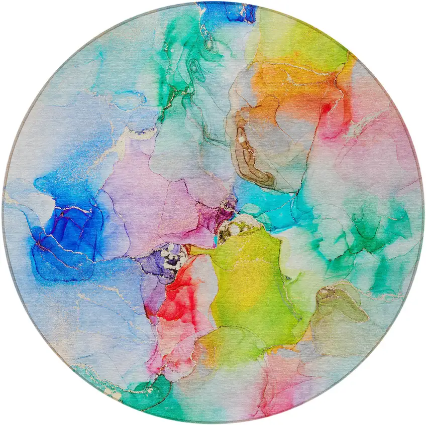 Blue Pink and Green Round Abstract Washable Indoor Outdoor Area Rug Photo 3