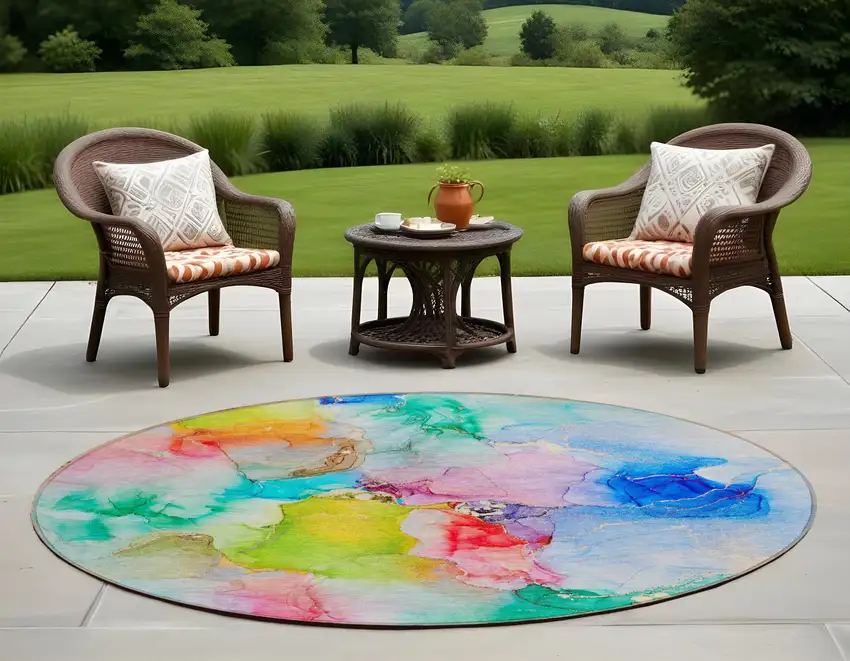 Blue Pink and Green Round Abstract Washable Indoor Outdoor Area Rug Photo 1