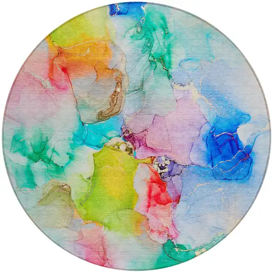Blue Pink and Green Round Abstract Washable Indoor Outdoor Area Rug Photo 2