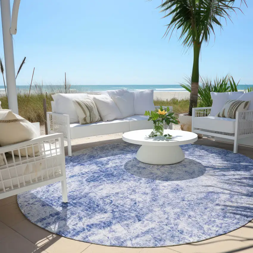 Blue Round Abstract Washable Non Skid Indoor Outdoor Area Rug Photo 8