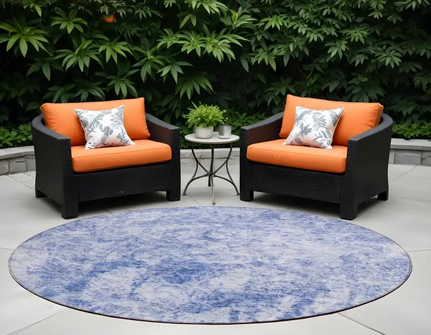 Blue Round Abstract Washable Non Skid Indoor Outdoor Area Rug Photo 1