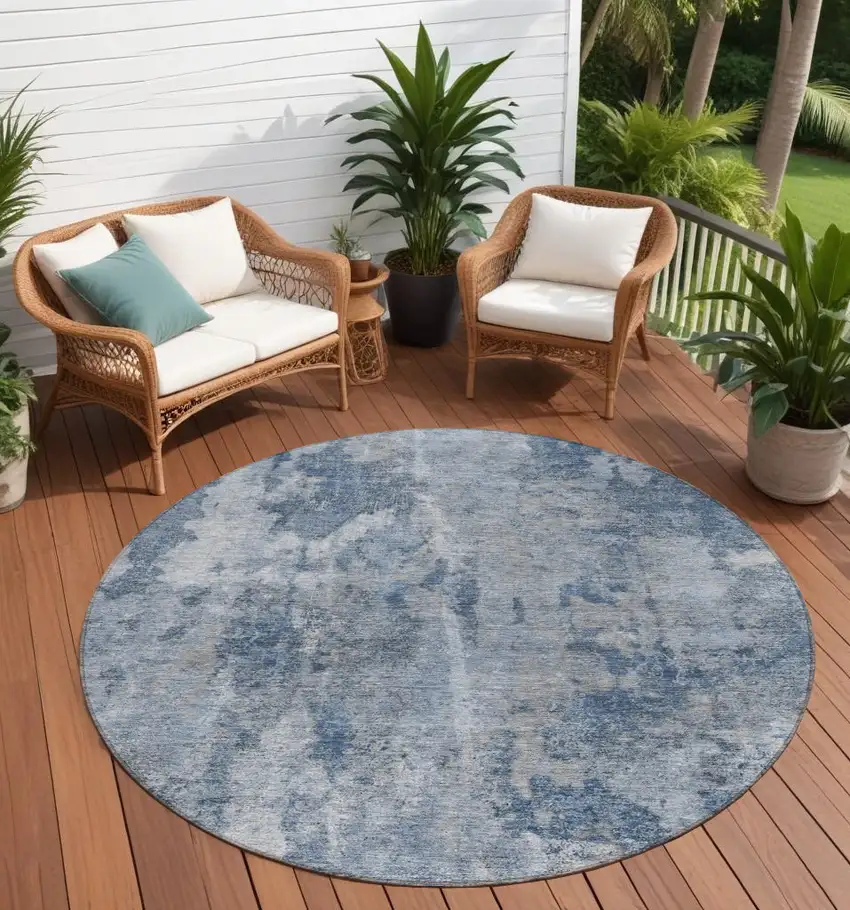 Blue Round Abstract Washable Non Skid Indoor Outdoor Area Rug Photo 1