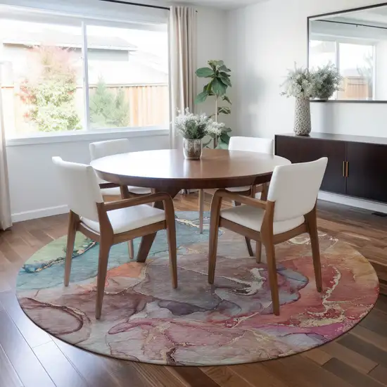 Blue Round Abstract Washable Non Skid Indoor Outdoor Area Rug Photo 9