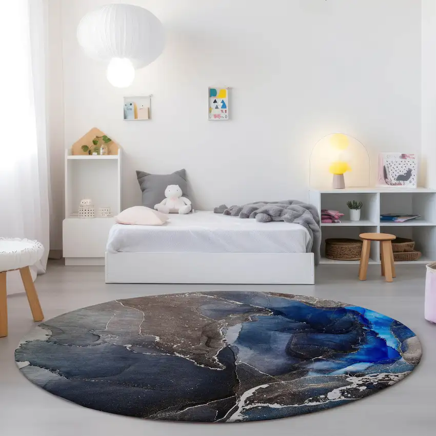 Blue Round Abstract Washable Non Skid Indoor Outdoor Area Rug Photo 9