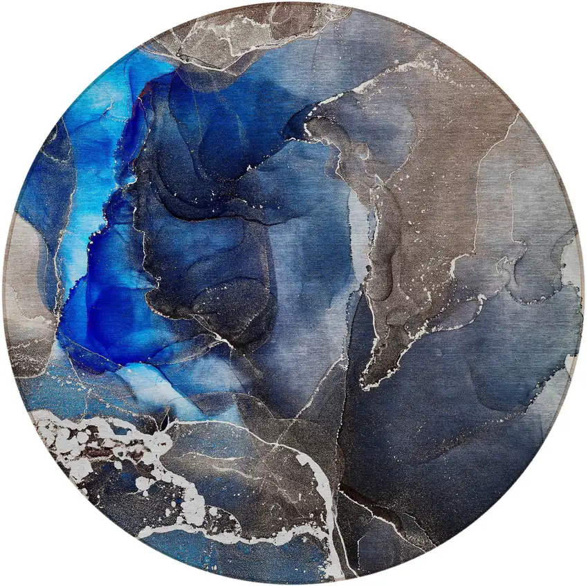 8' Round Blue Round Abstract Washable Non Skid Indoor Outdoor Area Rug Photo 4