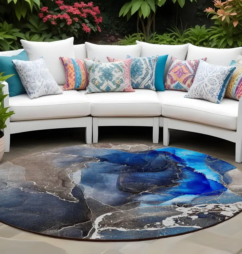 8' Round Blue Round Abstract Washable Non Skid Indoor Outdoor Area Rug Photo 1