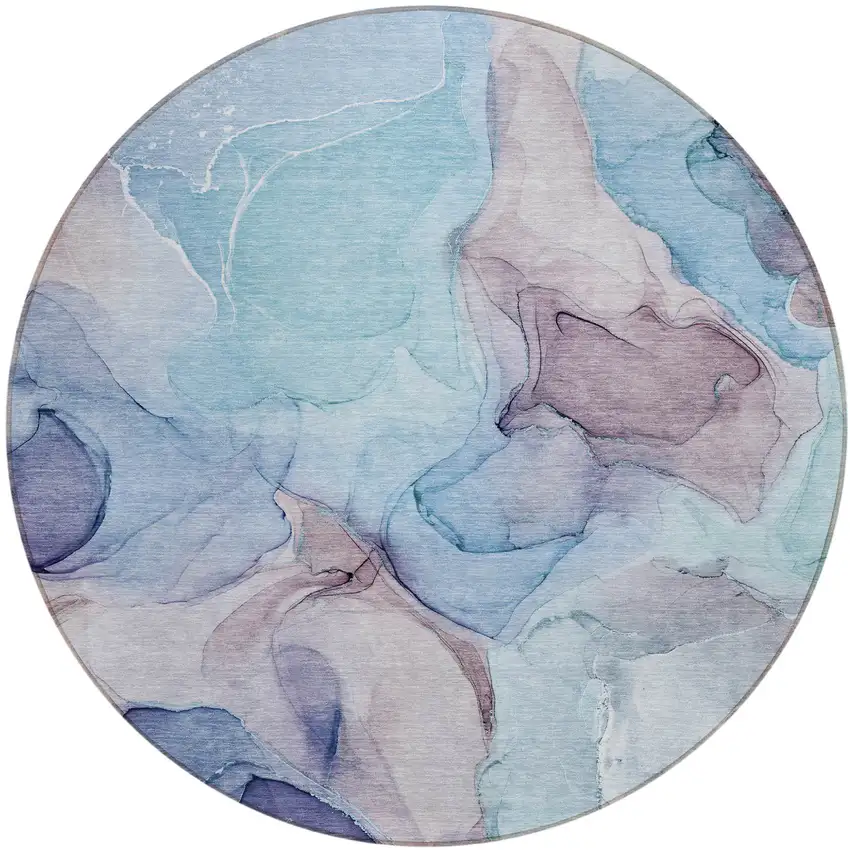 Blue Round Abstract Washable Non Skid Indoor Outdoor Area Rug Photo 2