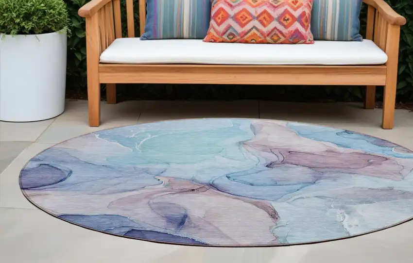 Blue Round Abstract Washable Non Skid Indoor Outdoor Area Rug Photo 1