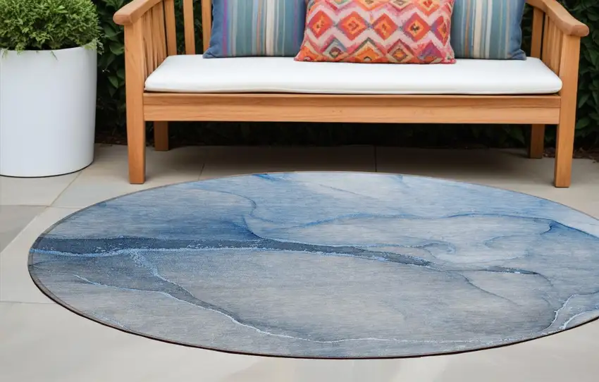 8' Round Blue Round Abstract Washable Non Skid Indoor Outdoor Area Rug Photo 1