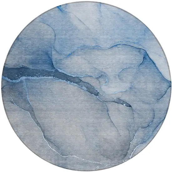 8' Round Blue Round Abstract Washable Non Skid Indoor Outdoor Area Rug Photo 2