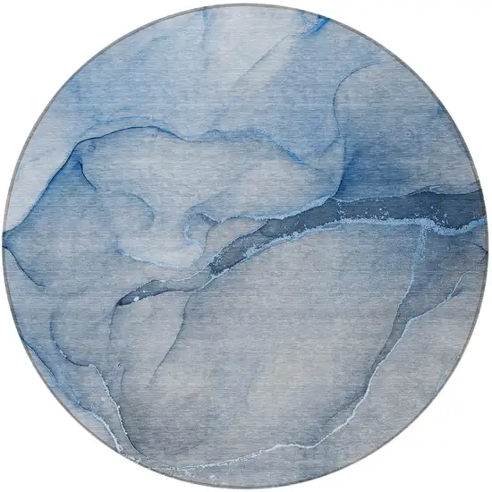 8' Round Blue Round Abstract Washable Non Skid Indoor Outdoor Area Rug Photo 5