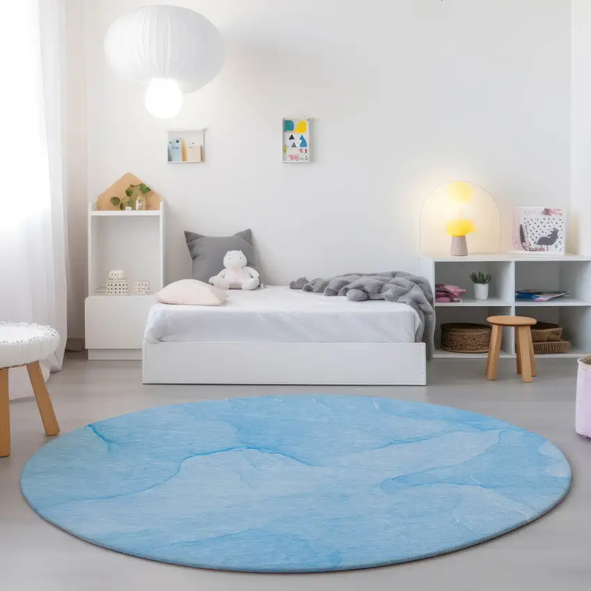 8' Round Blue Round Abstract Washable Non Skid Indoor Outdoor Area Rug Photo 9