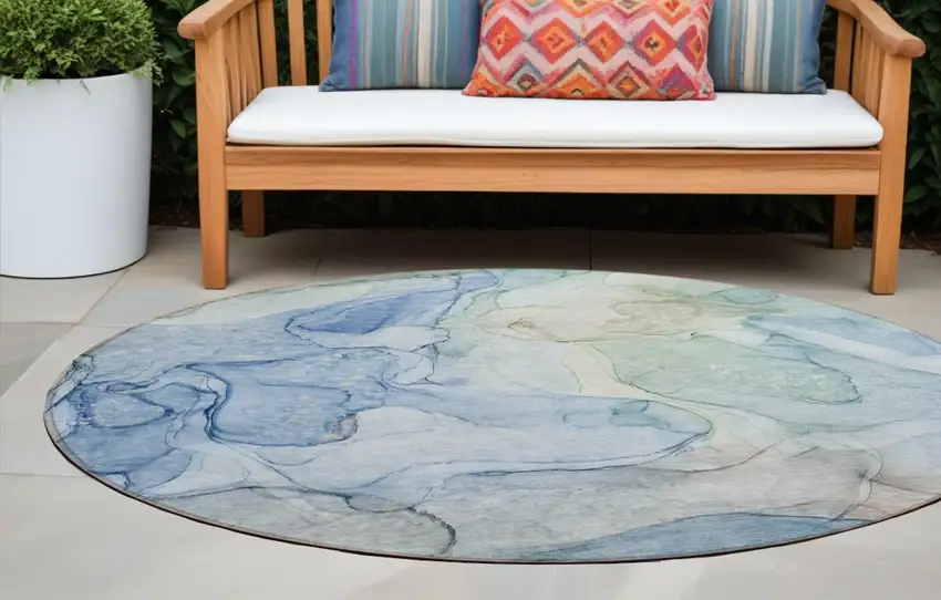 Blue Round Abstract Washable Non Skid Indoor Outdoor Area Rug Photo 1