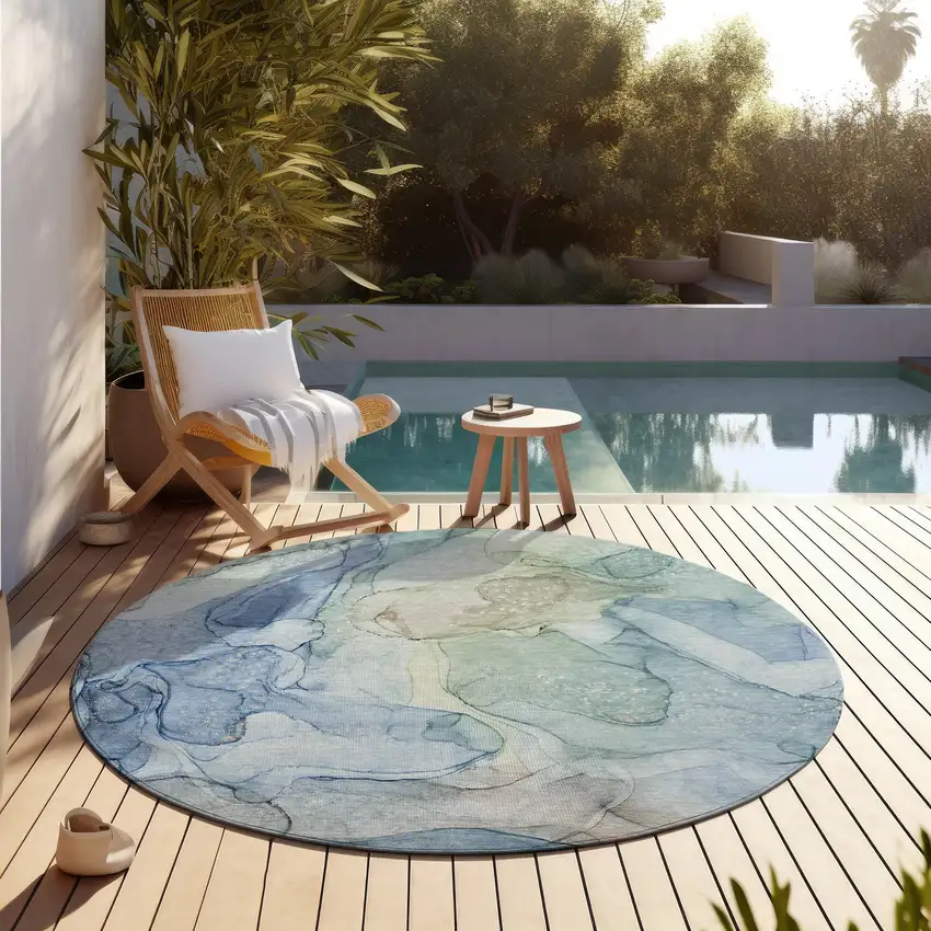 Blue Round Abstract Washable Non Skid Indoor Outdoor Area Rug Photo 9