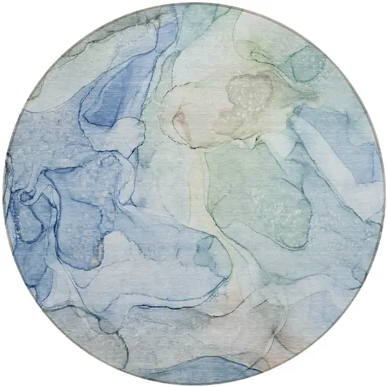 Blue Round Abstract Washable Non Skid Indoor Outdoor Area Rug Photo 2