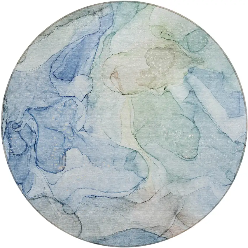 Blue Round Abstract Washable Non Skid Indoor Outdoor Area Rug Photo 2