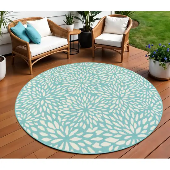 Blue and Ivory Round Floral Stain Resistant Indoor Outdoor Area Rug Photo 1