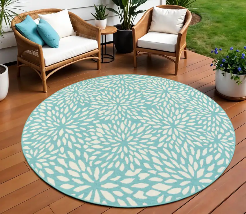 Blue and Ivory Round Floral Stain Resistant Indoor Outdoor Area Rug Photo 1
