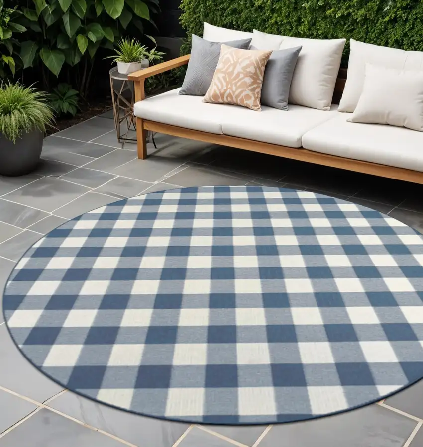 Blue and Ivory Round Geometric Stain Resistant Indoor Outdoor Area Rug Photo 1