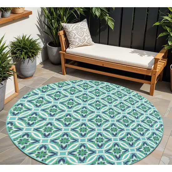 Blue and Green Round Geometric Stain Resistant Indoor Outdoor Area Rug Photo 1