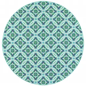 Photo of 8' Round Blue Round Geometric Stain Resistant Indoor Outdoor Area Rug