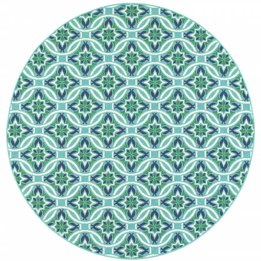8' Round Blue Round Geometric Stain Resistant Indoor Outdoor Area Rug Photo 1