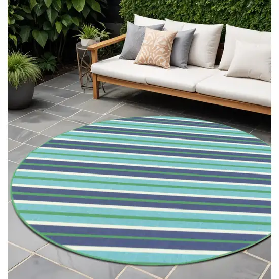 Blue and Green Round Geometric Stain Resistant Indoor Outdoor Area Rug Photo 1