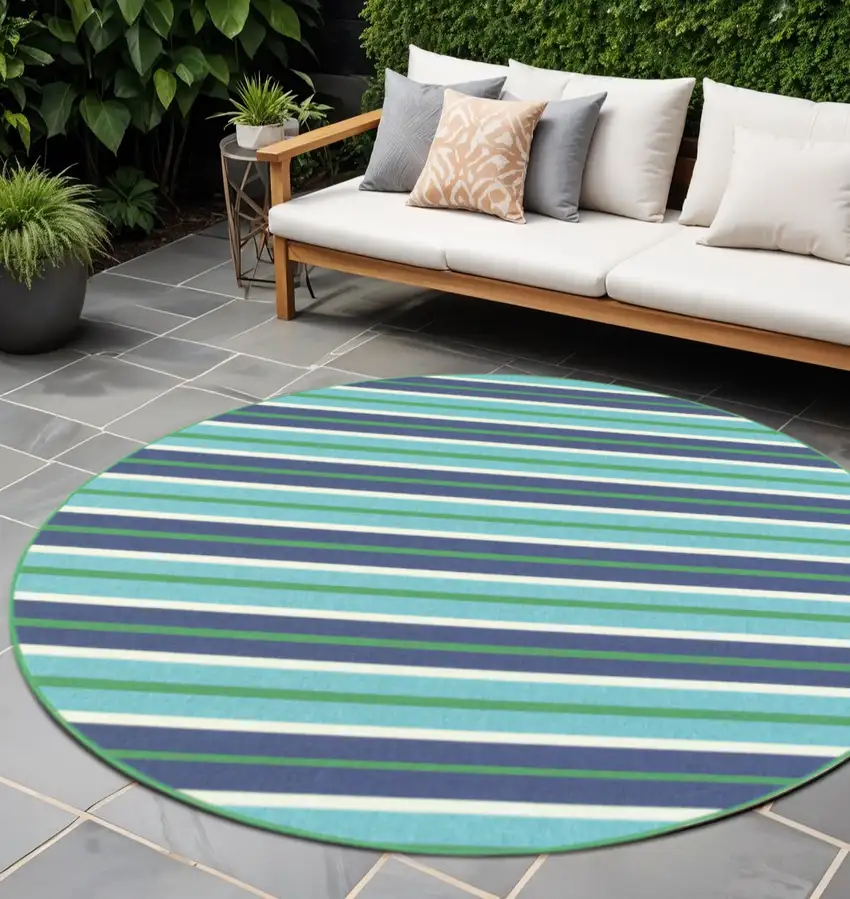 Blue and Green Round Geometric Stain Resistant Indoor Outdoor Area Rug Photo 1