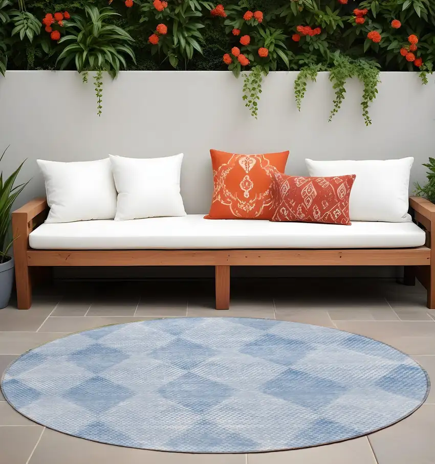 Blue Round Geometric Washable Non Skid Indoor Outdoor Area Rug Photo 1